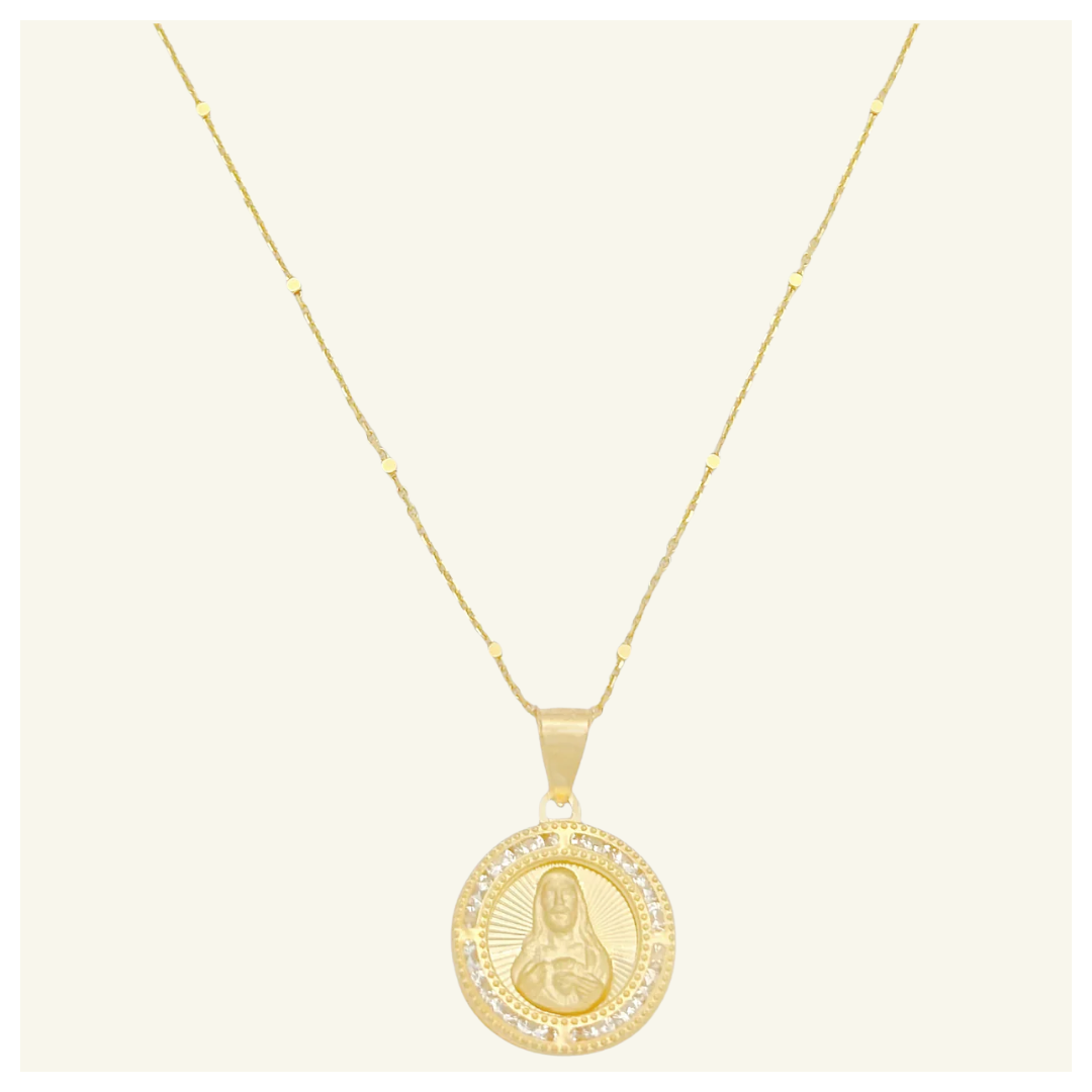 COLLAR ANCLA BARRA MEDALLA SAGRADO CORAZON DIAMANTADA ZIRCONIA ORO 10K