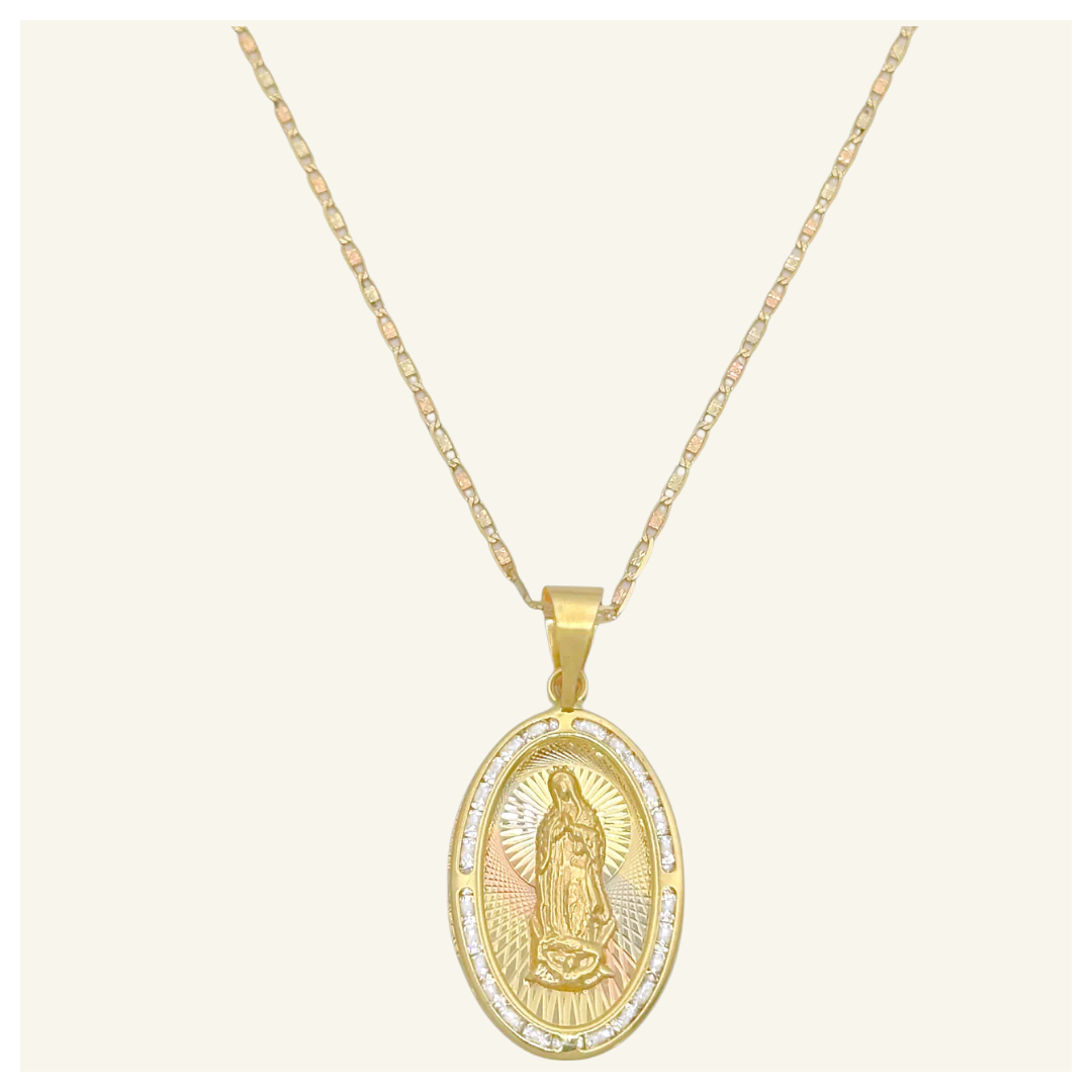 COLLAR PLANA FLORENTINO MEDALLA VIRGEN DE GUADALUPE OVAL DIAMANTADA ZIRCONIA ORO 10K