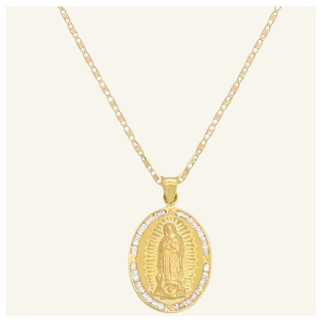 COLLAR PLANO FLORENTINO MEDALLA VIRGEN DE GUADALUPE LASER ZIRCONIA ORO 10K