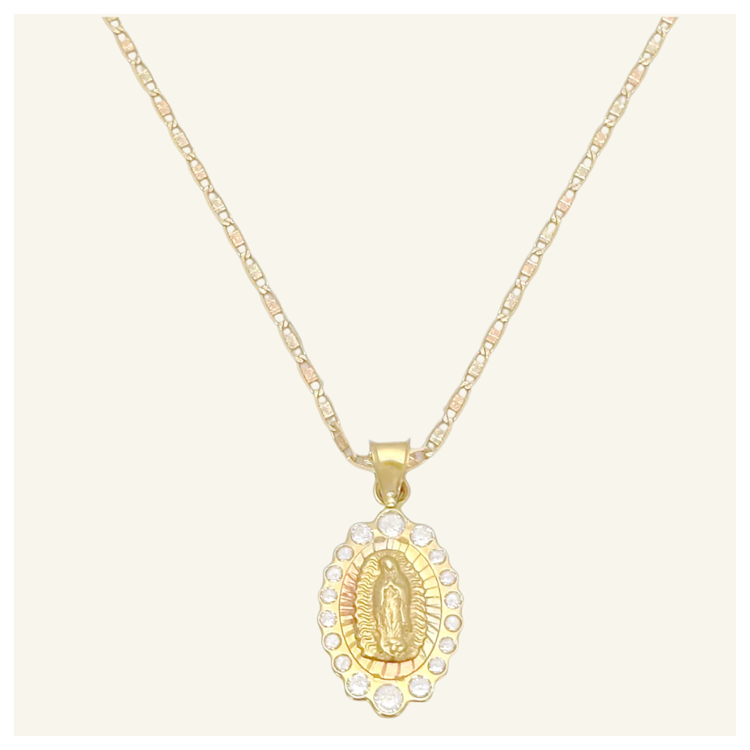 COLLAR PLANA FLORENTINA MEDALLA VIRGEN DE GUADALUPE ZIRCONIA ORO 10K