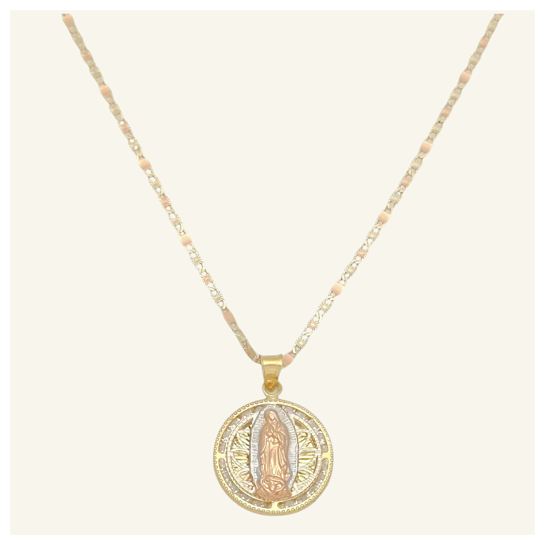 COLLAR PLANA FLORENTINO MEDALLA VIRGEN DE GUADALUPE FLORENTINA ZIRCONIA ORO 10K