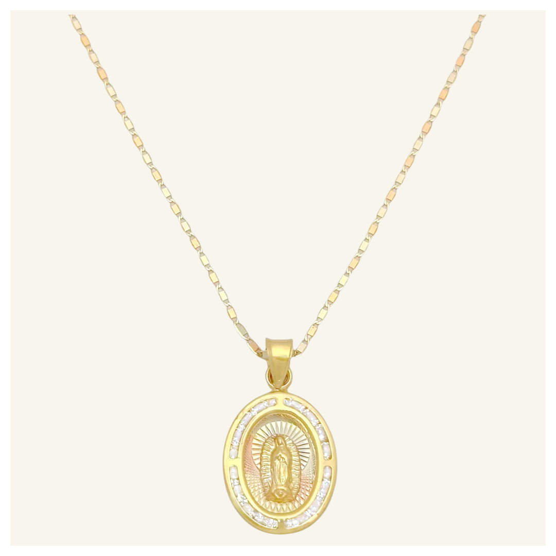 COLLAR PLANO FLORENTINO MEDALLA VIRGEN DE GUADALUPE OVAL DIAMANTADA ORO 10K