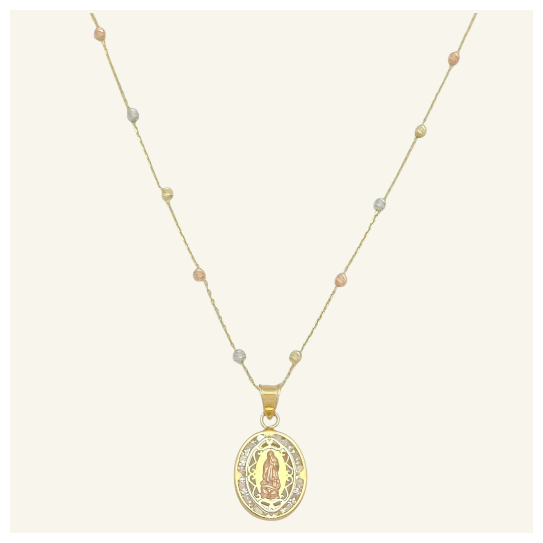 COLLAR ESFERAS FLORENTINAS MEDALLA VIRGEN DE GUADALUPE ZIRCONIAS ORO 10K