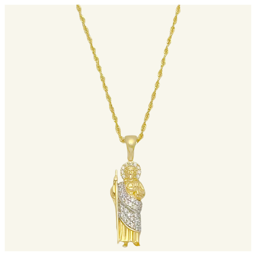 COLLAR TORSAL DIJE SAN JUDAS MANTO BLANCO ZIRCONIA ORO 10K