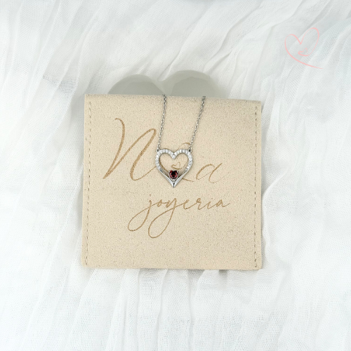 CADENA CON DIJE DE CORAZON ABIERTO CIRCONIA ROJA PLATA .925 RODIO