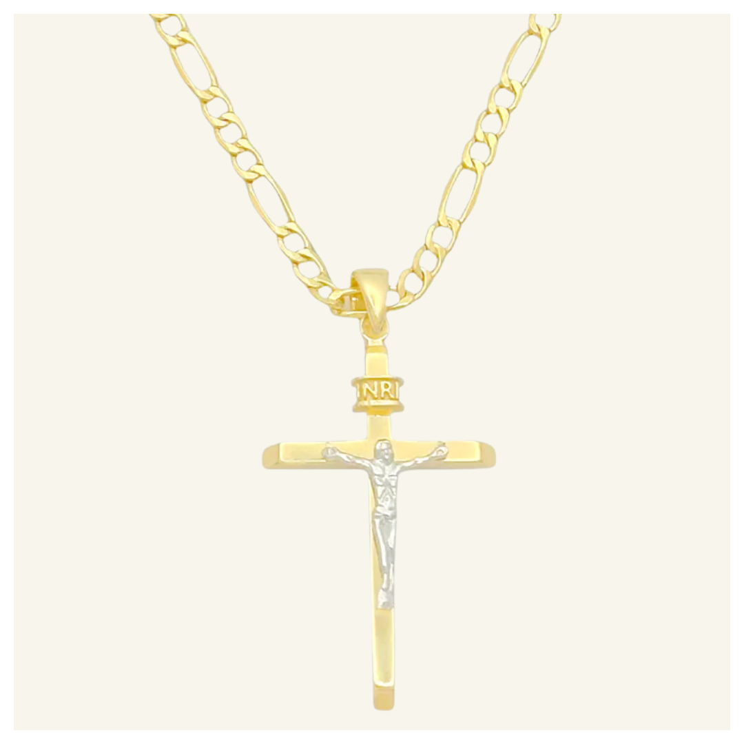 COLLAR FIGARO CRISTO ORO BLANCO CRUZ LISA ORO 14K