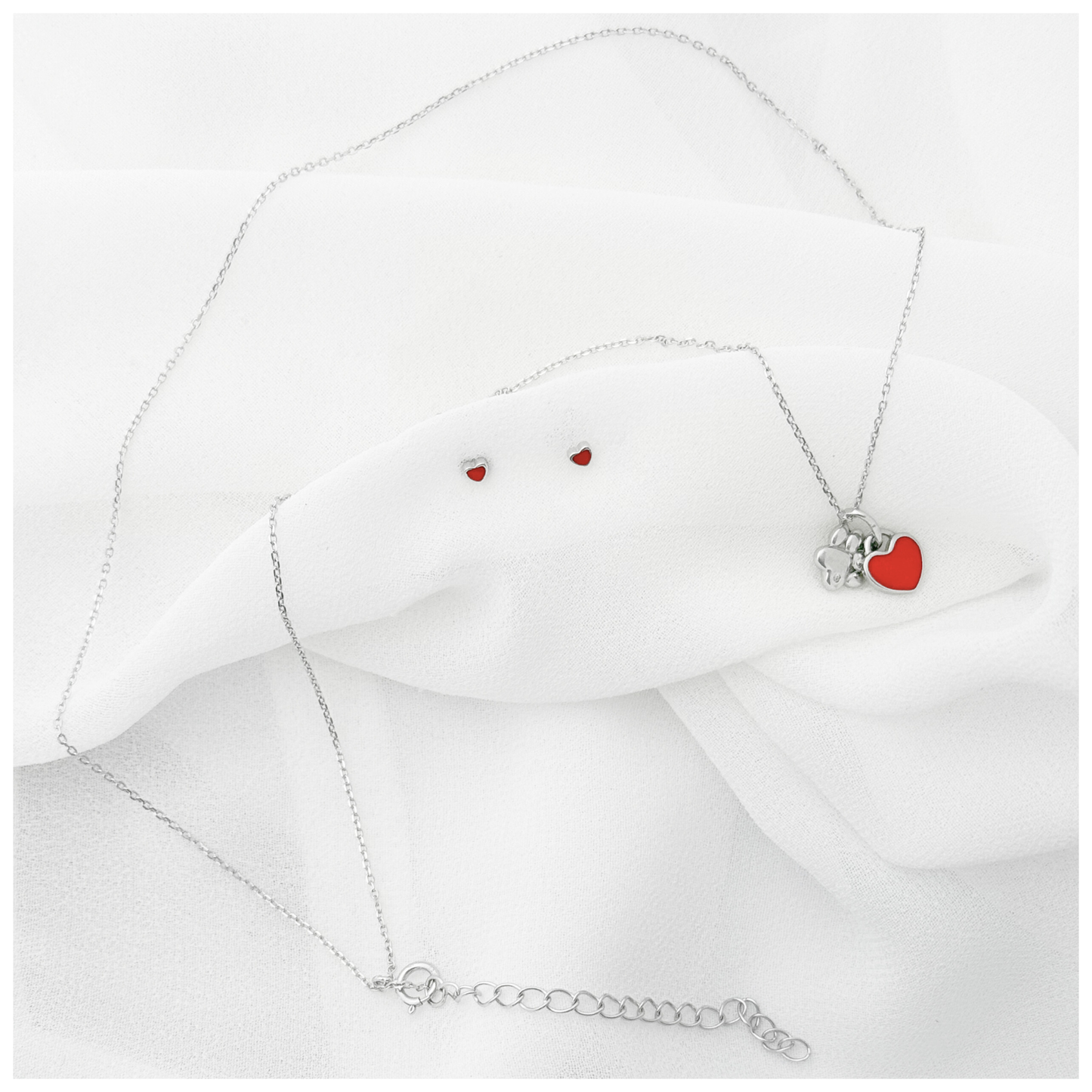 SET CADENA DIJE HUELLA DE PERRITO Y CORAZON ROJO ARETE CORAZON PLATA .925 RODIO