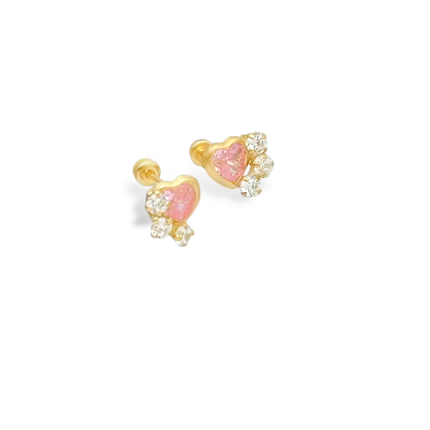 BROQUEL CORAZON ROSA BISEL 3 ZIRCONIAS ORO 10K