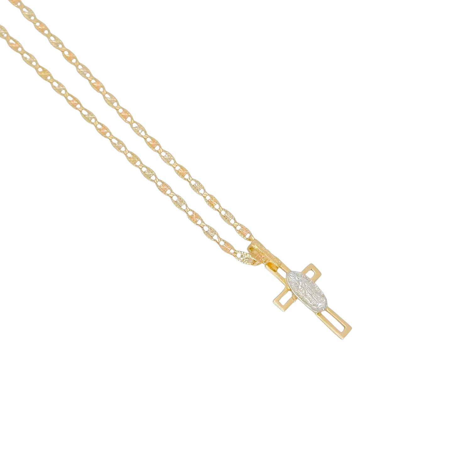 COLLAR PLANO FLORENTINO CRUZ VIRGEN DE GUADALUPE ORO 14K