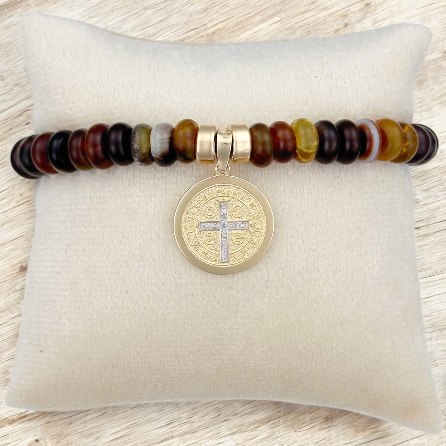 PULSERA MEDALLA SAN BENITO 3 ORO 10K PIEDRA NATURAL C BROCHE TEJIDO