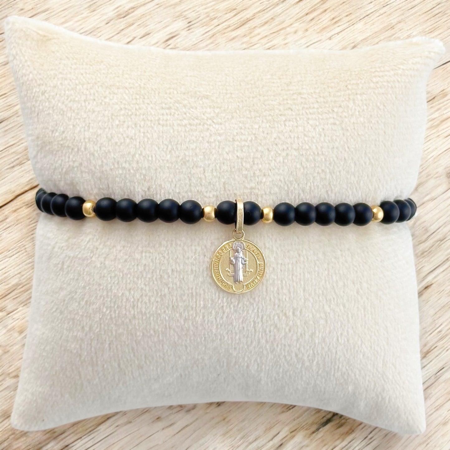 PULSERA MEDALLA SAN BENITO 1 ORO 10K PIEDRA N