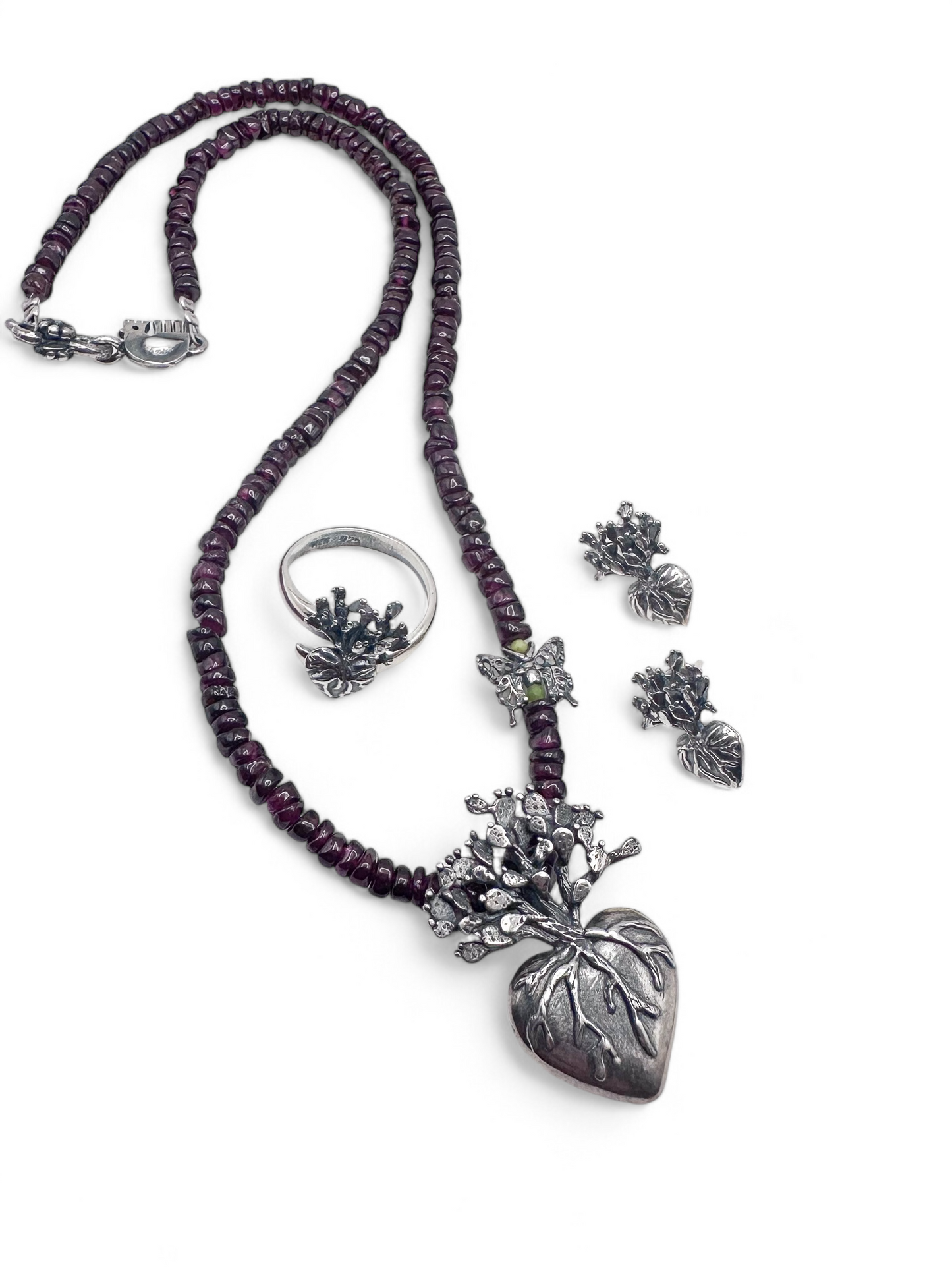 SET CORAZON NOPAL PIEDRA GRANATE PLATA .925