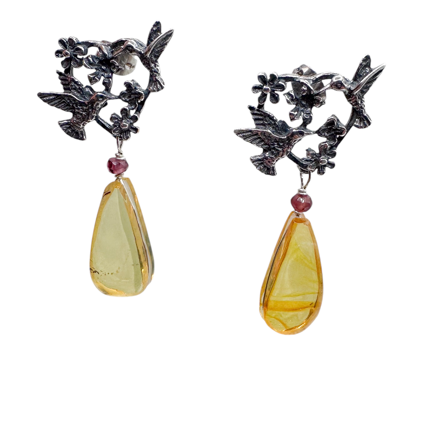 SET CORAZON COLIBRI AMBAR PLATA .925