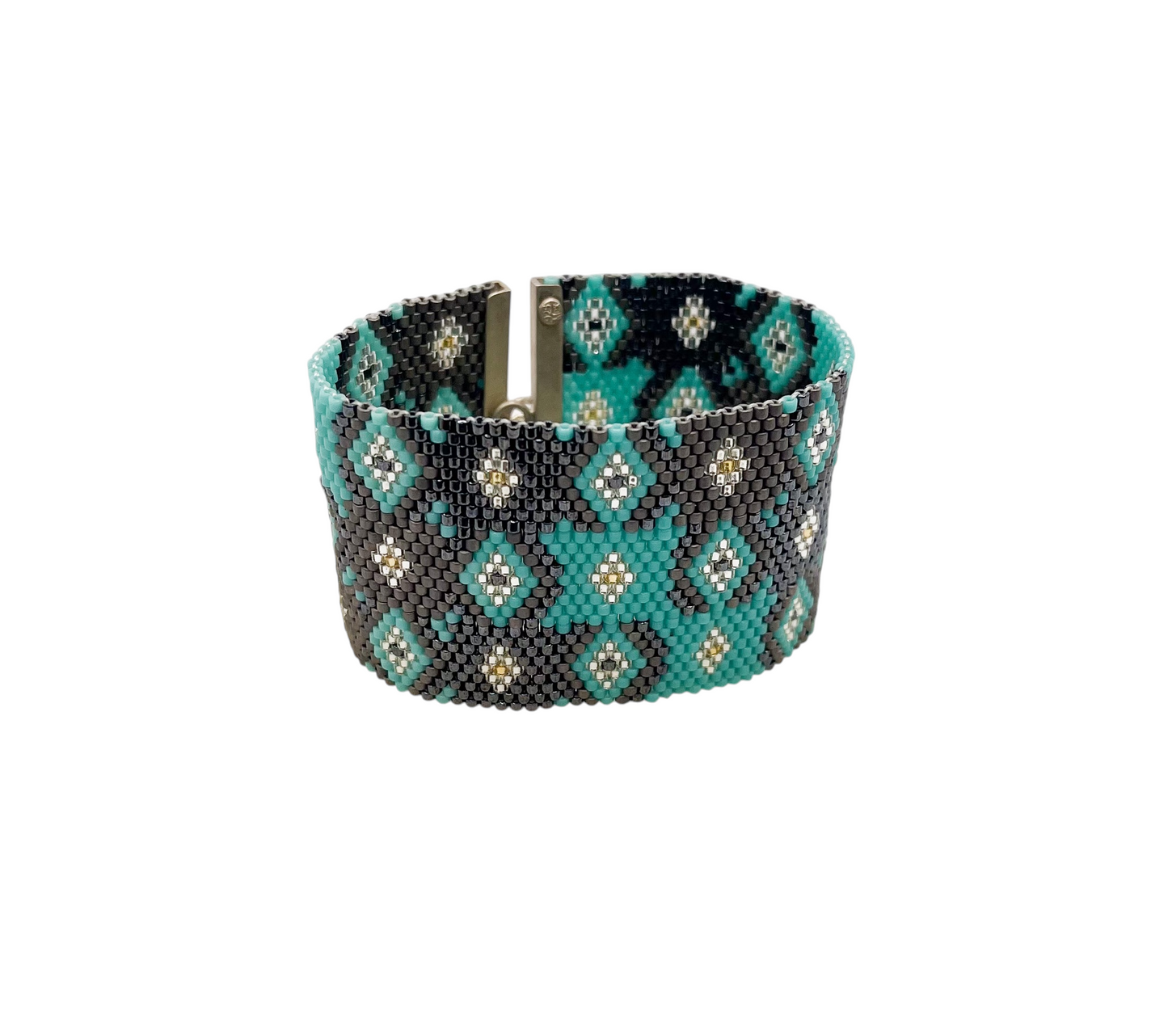 PULSERA ROMBO TEJIDA HUICHOL PLATA .925