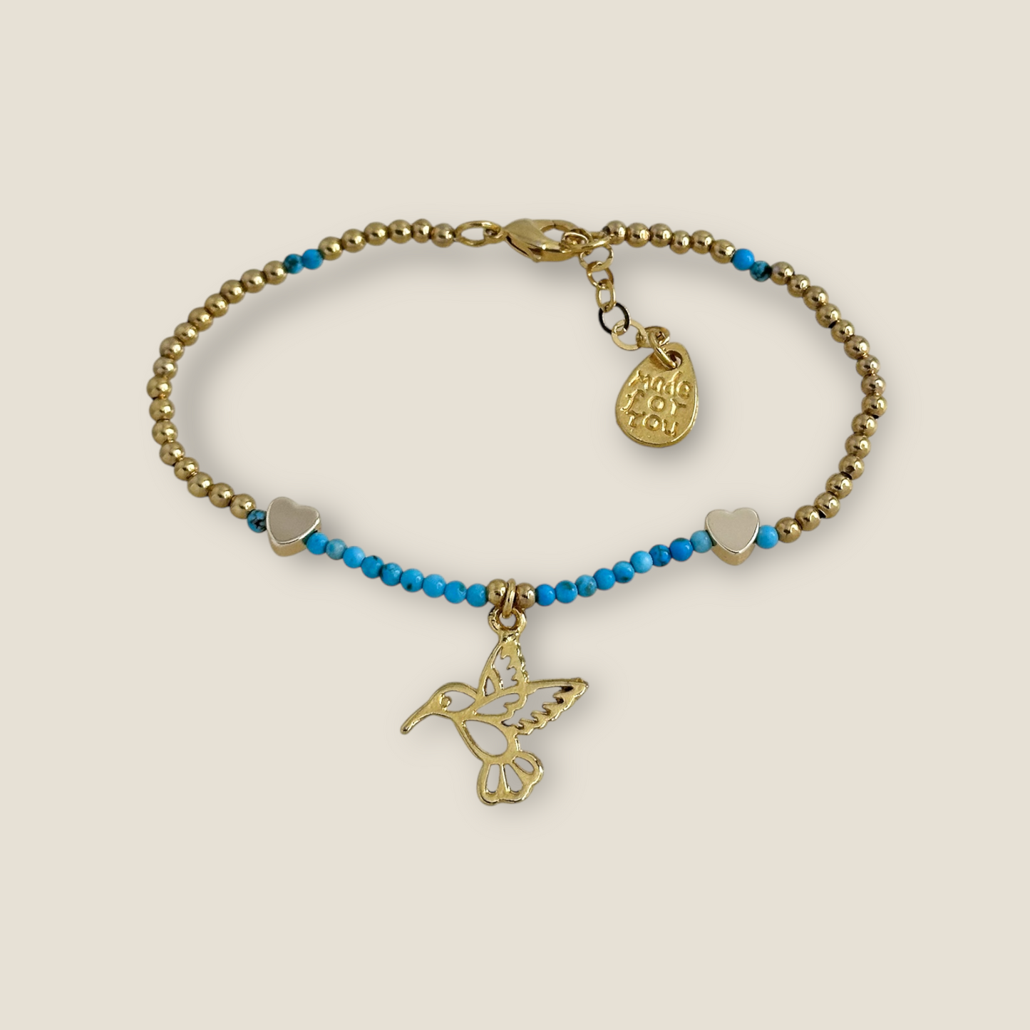 PULSERA PIEDRA TURQUESA COLIBRI CORAZON CHAPA GOOD LUCK