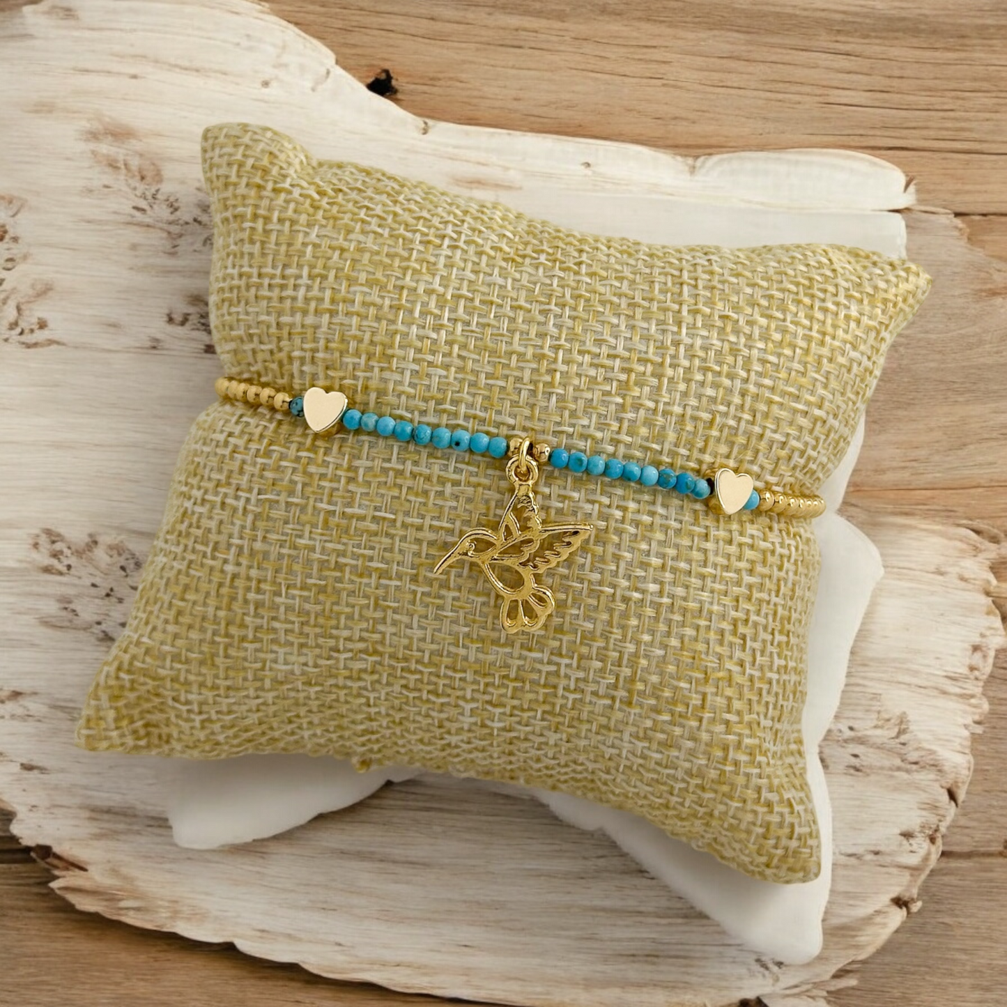 PULSERA PIEDRA TURQUESA COLIBRI CORAZON CHAPA GOOD LUCK