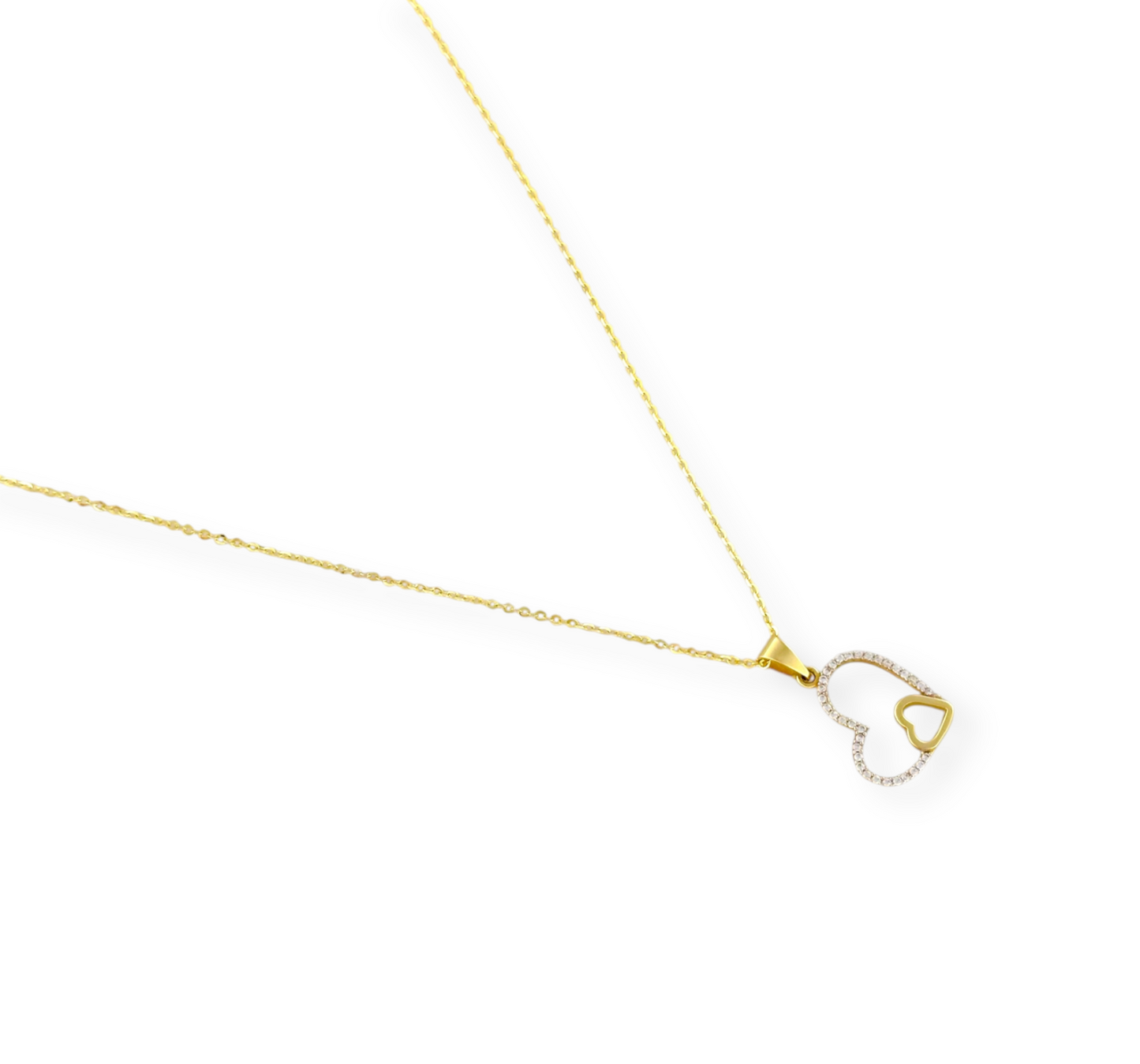 COLLAR DOS CORAZONES ZIRCONIA ORO 14K