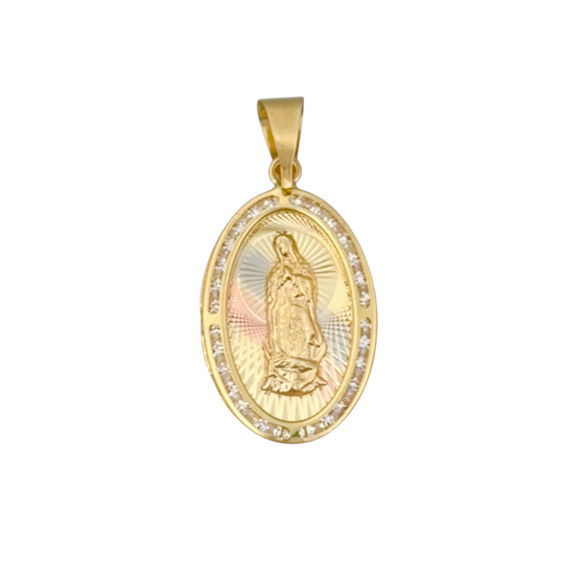 MEDALLA VIRGEN DE GUADALUPE OVAL DIAMANTADA ZIRCONIA ORO 10K