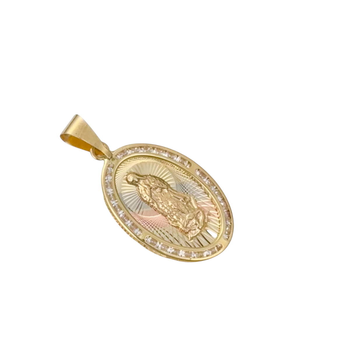MEDALLA VIRGEN DE GUADALUPE OVAL DIAMANTADA ZIRCONIA ORO 10K