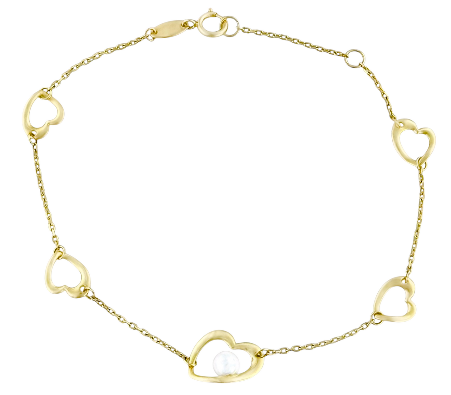 PULSERA CORAZONES PERLA ORO 10K