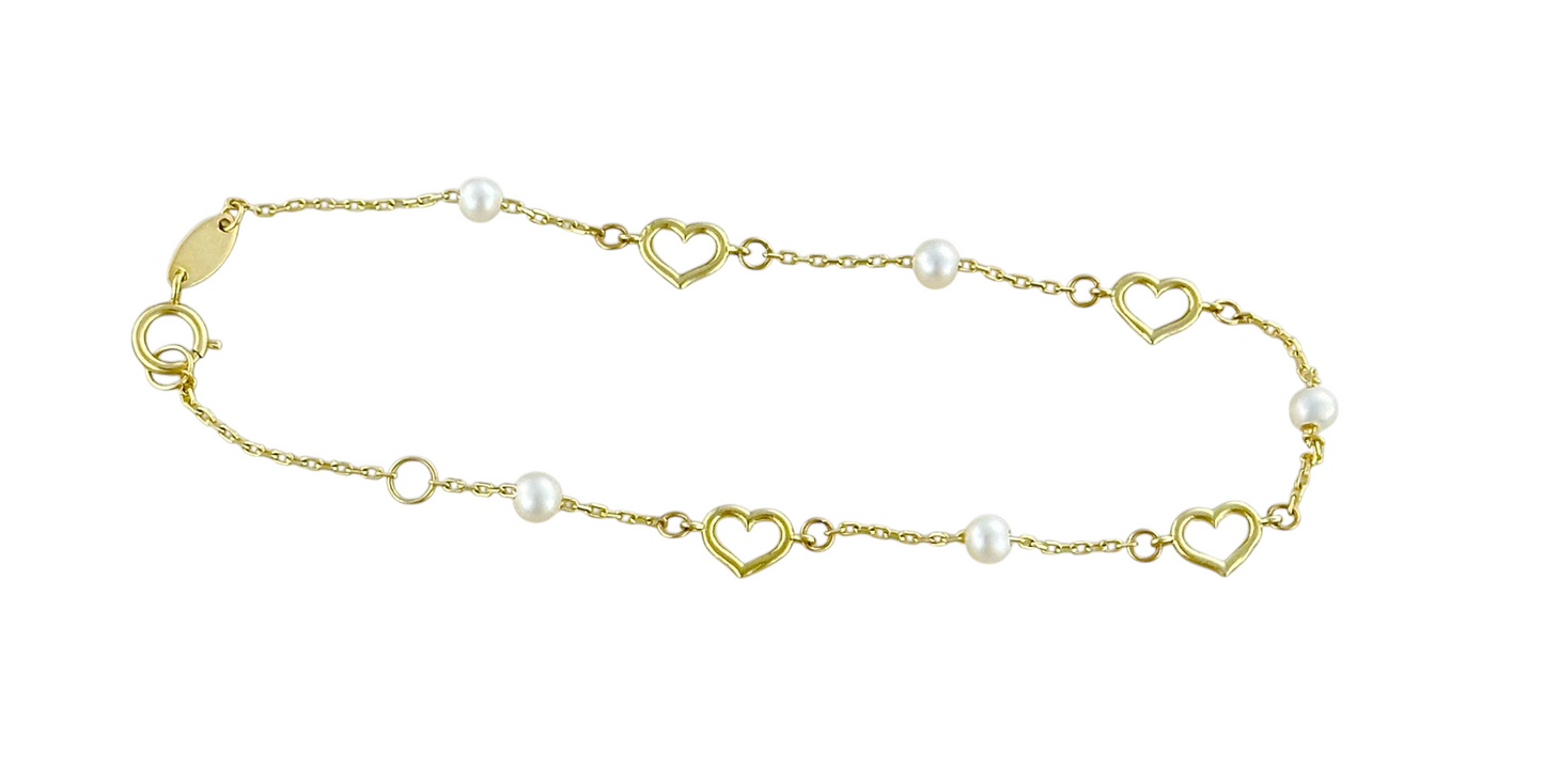 PULSERA CORAZONES PERLAS ORO 10K