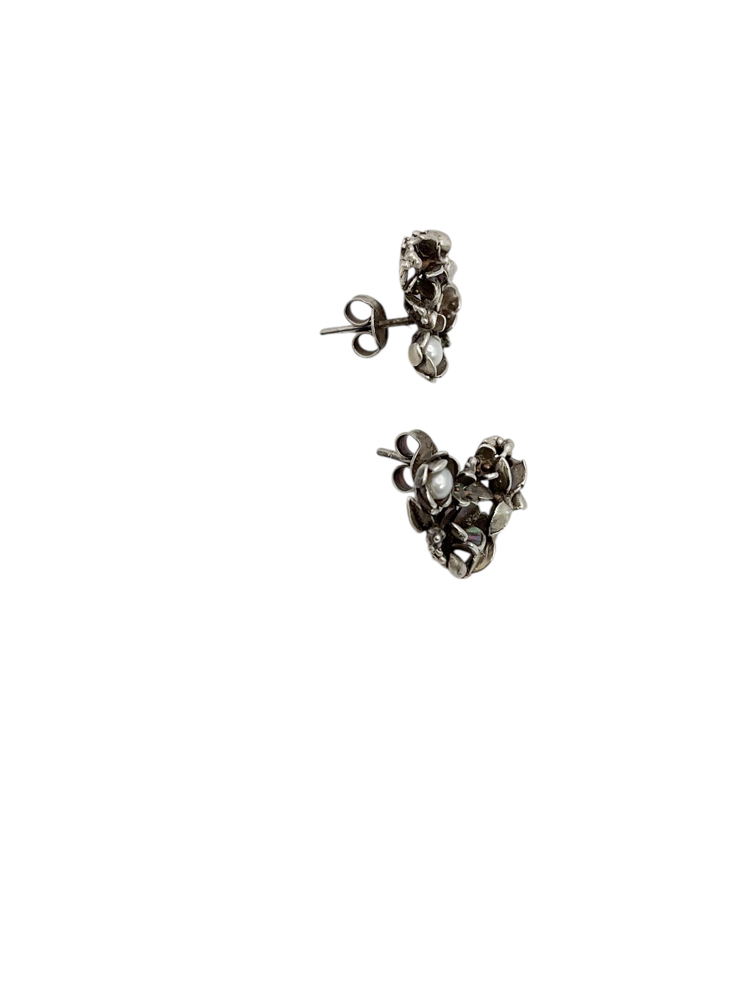 ARETE CORAZON FLORES PERLA PLATA .925