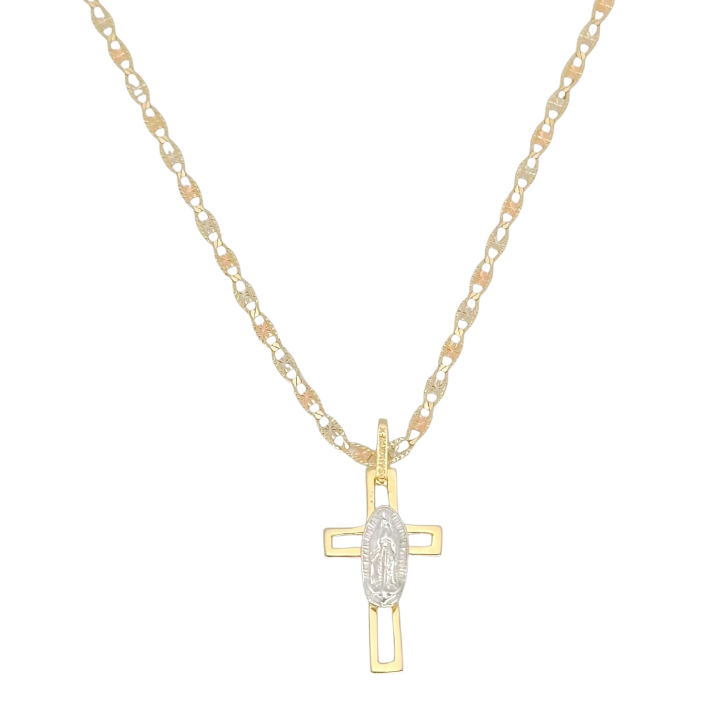 COLLAR PLANO FLORENTINO CRUZ VIRGEN DE GUADALUPE ORO 14K