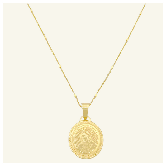 COLLAR ANCLA BARRA MEDALLA VIRGEN DE GUADALUPE OVAL LASER ORO 10K