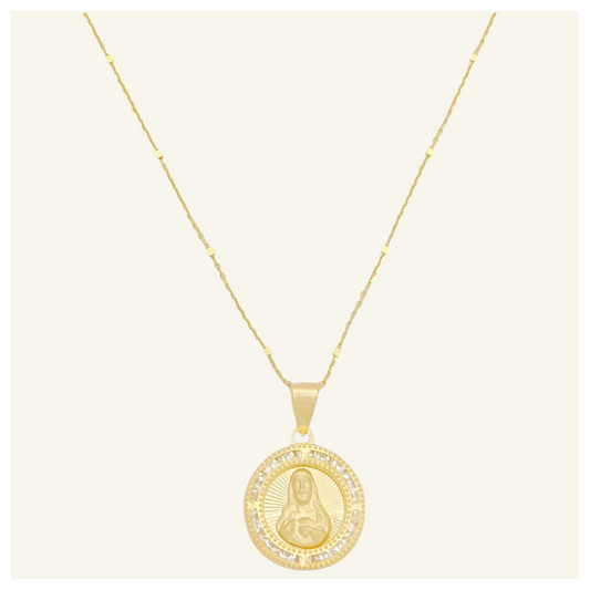 COLLAR ANCLA BARRA MEDALLA SAGRADO CORAZON DIAMANTADA ZIRCONIA ORO 10K