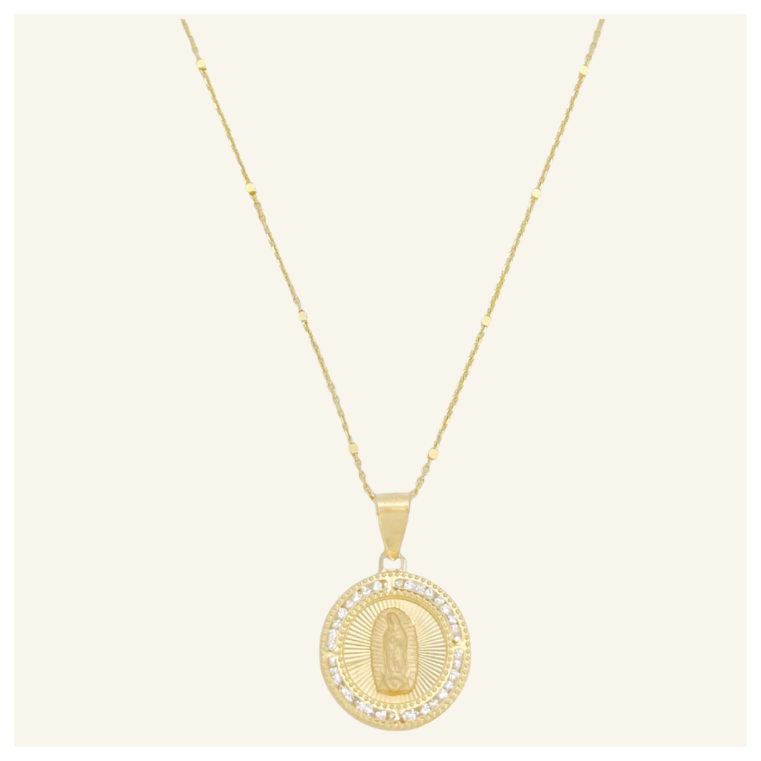 COLLAR ANCLA BARRA MEDALLA VIRGEN DE GUADALUPE DIAMANTADA ZIRCONIA 10K