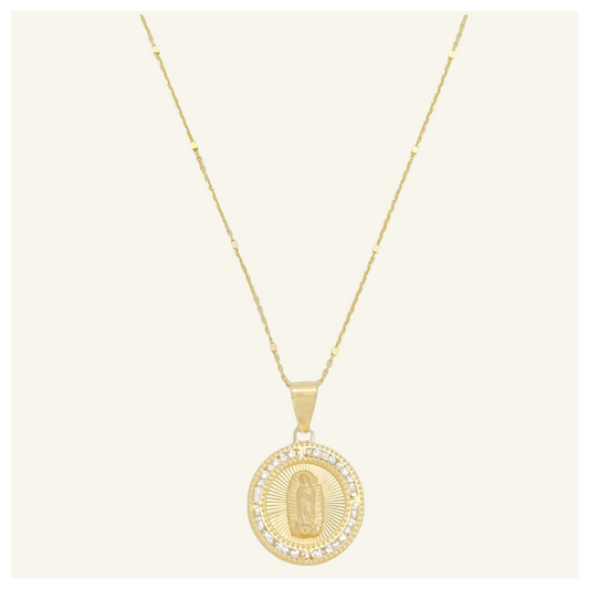 COLLAR ANCLA BARRA MEDALLA VIRGEN DE GUADALUPE DIAMANTADA ZIRCONIA 10K