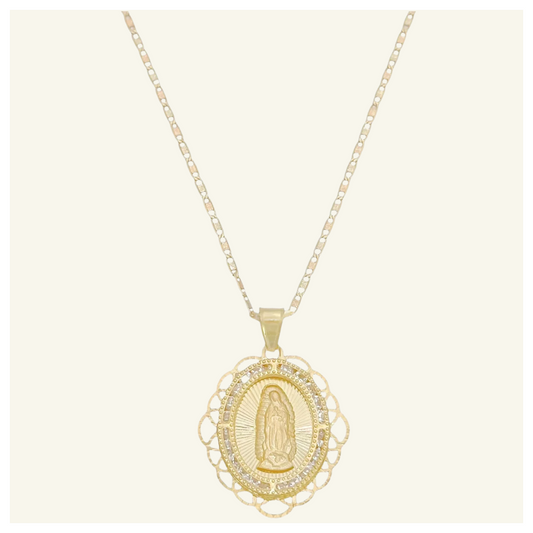 COLLAR PLANA FLORENTINA MEDALLA VIRGEN DE GUADALUPE BISEL ONDAS ORO 10K