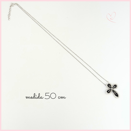 CADENA CON CRUZ CALADA  EN CIRCONIA BLANCA Y NEGRA PLATA .925 RODIO