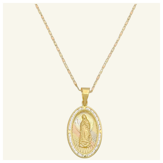 COLLAR PLANA FLORENTINO MEDALLA VIRGEN DE GUADALUPE OVAL DIAMANTADA ZIRCONIA ORO 10K