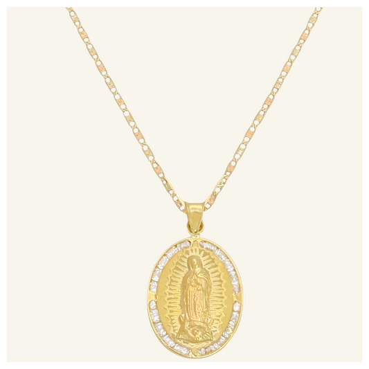 COLLAR PLANO FLORENTINO MEDALLA VIRGEN DE GUADALUPE LASER ZIRCONIA ORO 10K