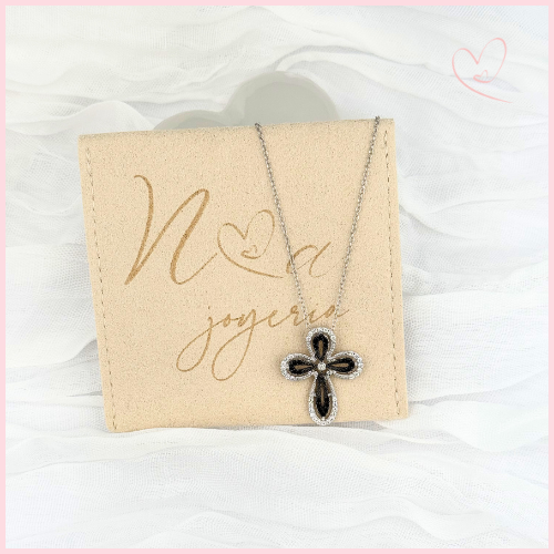 CADENA CON CRUZ CALADA  EN CIRCONIA BLANCA Y NEGRA PLATA .925 RODIO