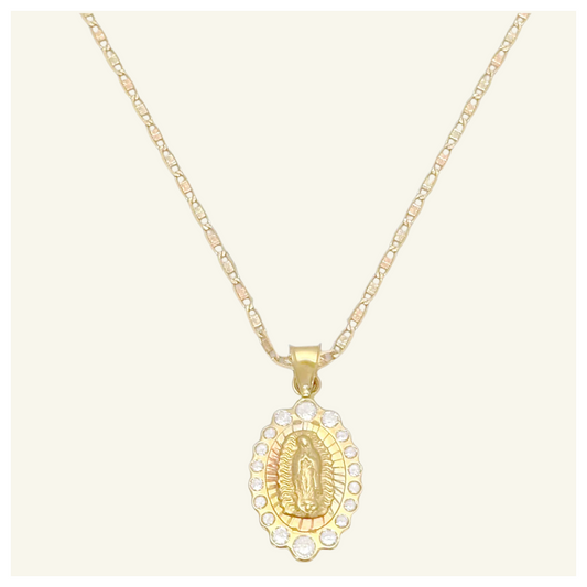 COLLAR PLANA FLORENTINA MEDALLA VIRGEN DE GUADALUPE ZIRCONIA ORO 10K