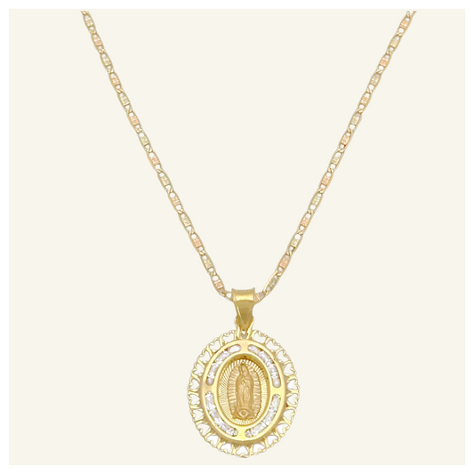 COLLAR PLANA FLORENTINO MEDALLA VIRGEN DE GUADALUPE OVAL B CORAZON ORO 10K