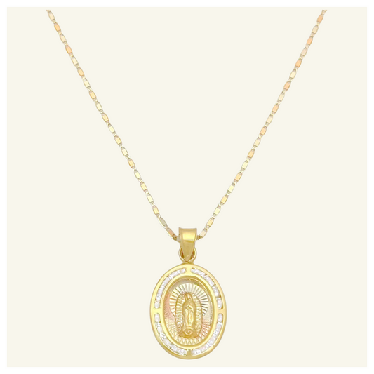 COLLAR PLANO FLORENTINO MEDALLA VIRGEN DE GUADALUPE OVAL DIAMANTADA ORO 10K