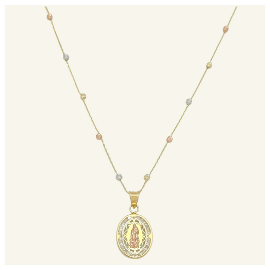 COLLAR ESFERAS FLORENTINAS MEDALLA VIRGEN DE GUADALUPE ZIRCONIAS ORO 10K