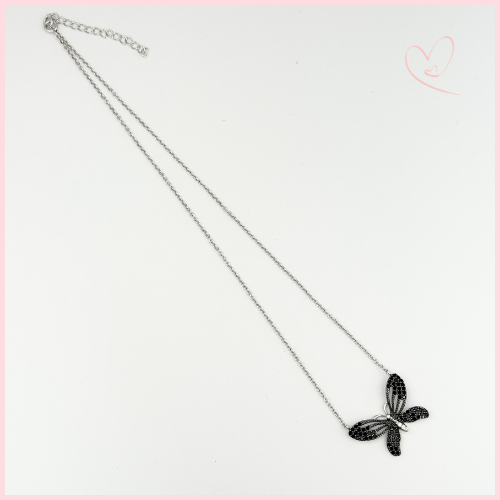 CADENA CON DIJE DE MARIPOSA CIRCONIA BLANCA Y NEGRA PLATA .925 RODIO