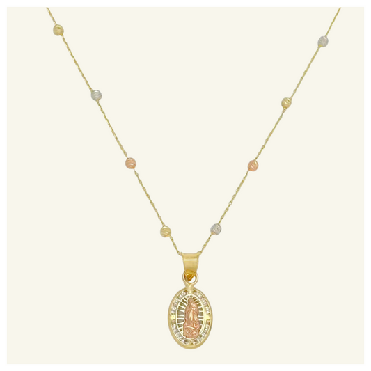 COLLAR ESFERAS FLORENTINAS MEDALLA VIRGEN DE GUADALUPE ORO 10K