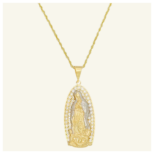 COLLAR TORSAL VIRGEN DE GUADALUPE SILUETA CON ZIRCONIA ORO 10K