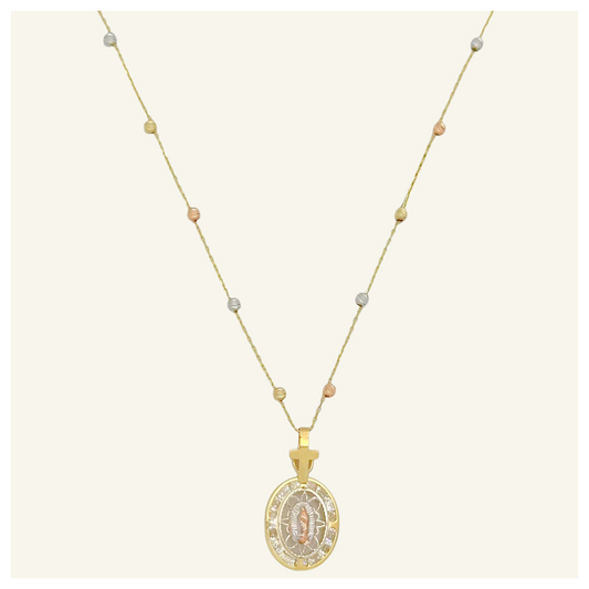 COLLAR ESFERAS FLORENTINAS MEDALLA VIRGEN DE GUADALUPE ASA CRUZ ORO 10K