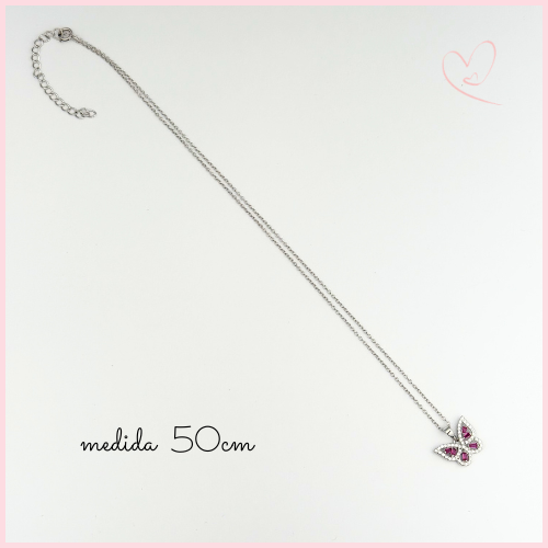 CADENA DIJE MARIPOSA CIRCONIAS BLANCA Y ROJAS EN PLATA .925 RODIO