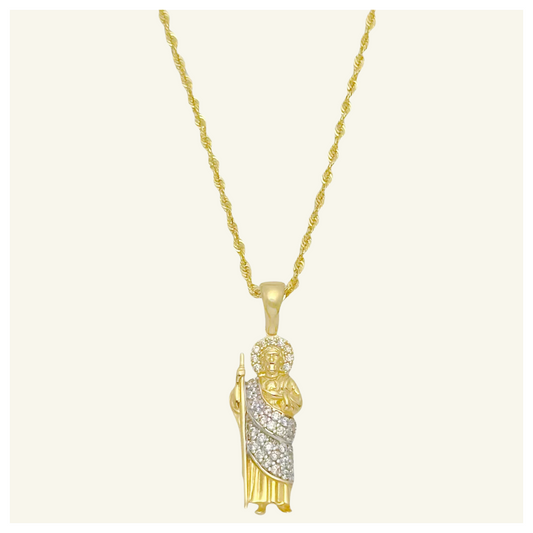 COLLAR TORSAL DIJE SAN JUDAS MANTO BLANCO  ZIRCONIA ORO 10K
