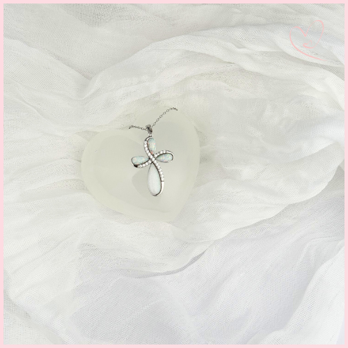 CADENA CRUZ CON CIRCONIA Y OPALO S PLATA .925 RODIO