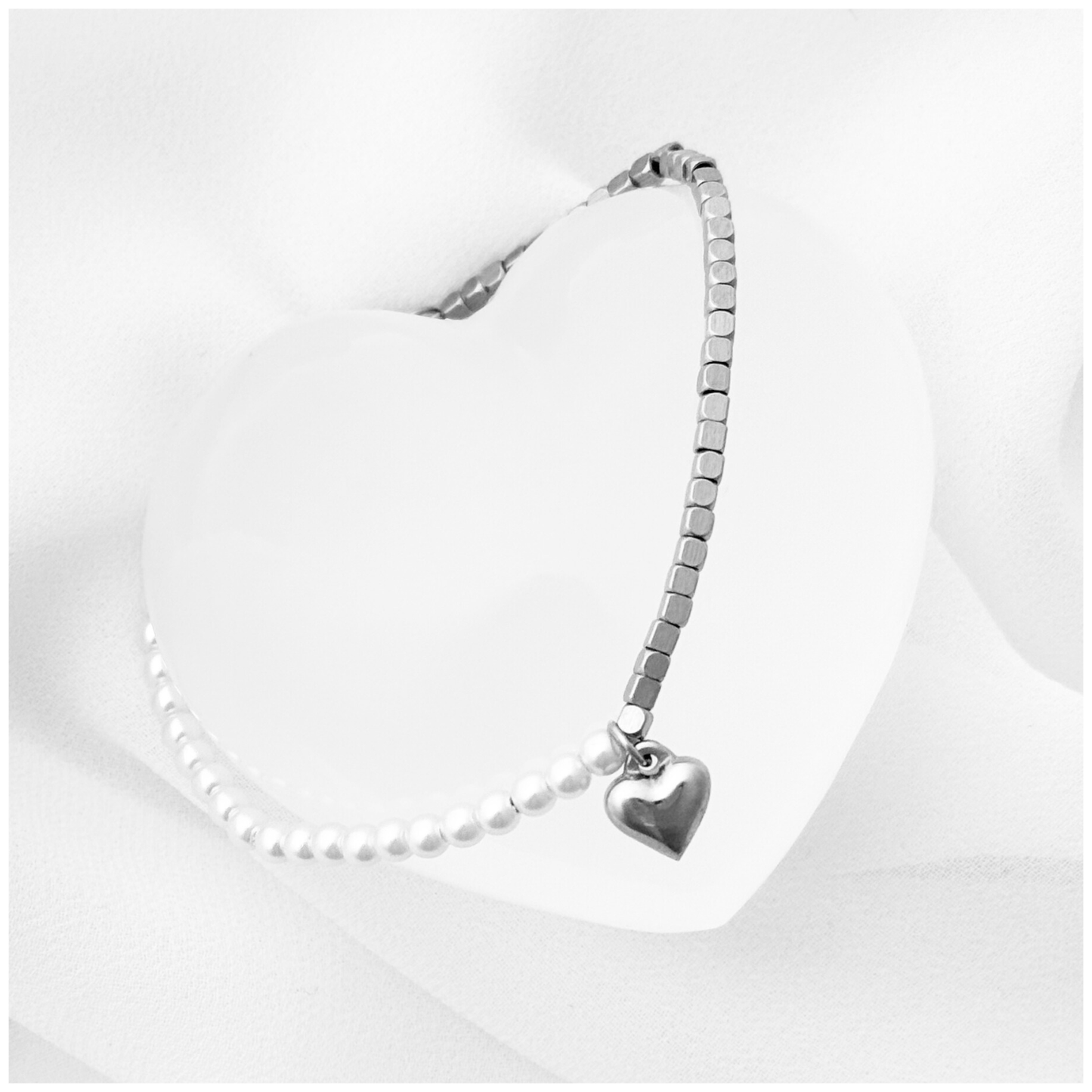 PULSERA CORAZON PERLA CUBO ACERO