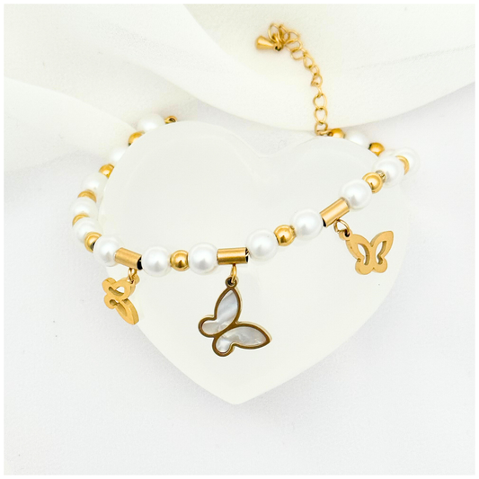 PULSERA MARIPOSA PERLA ACERO DORADO