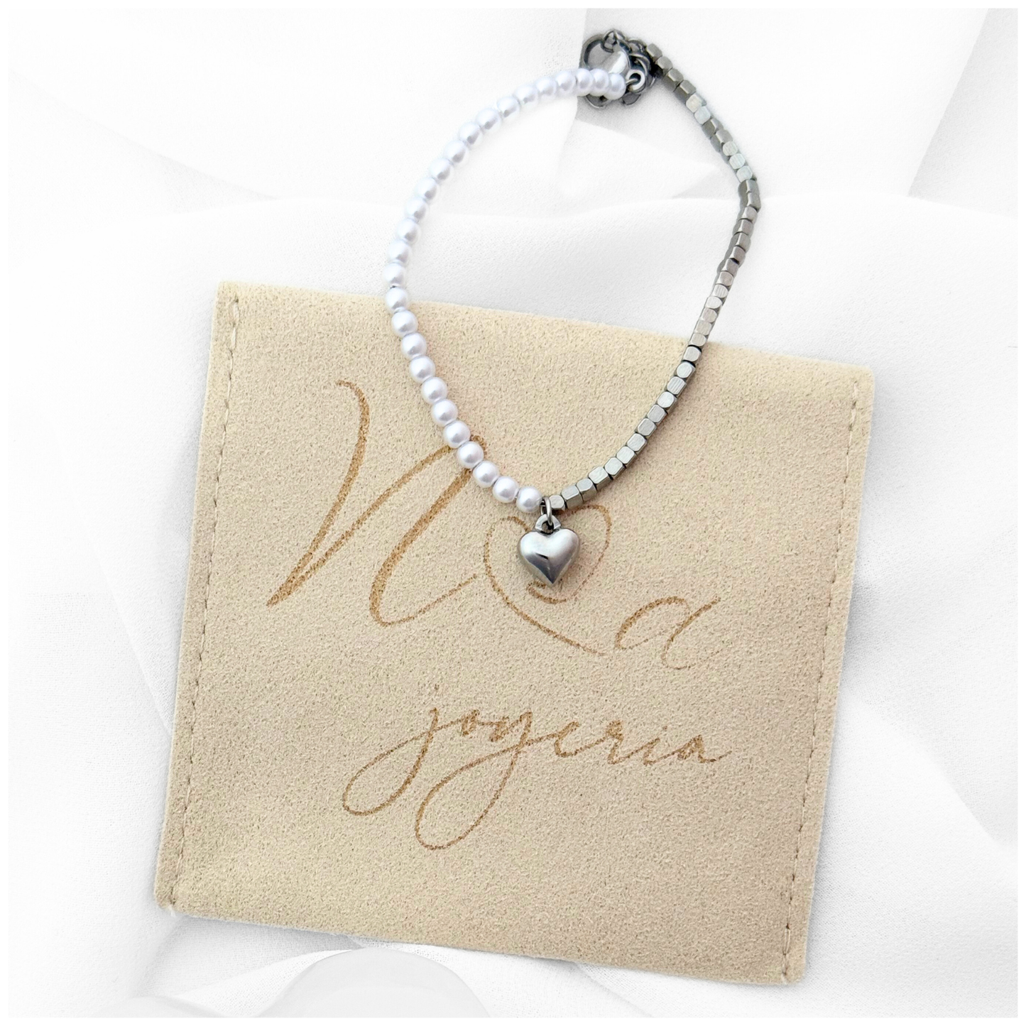 PULSERA CORAZON PERLA CUBO ACERO